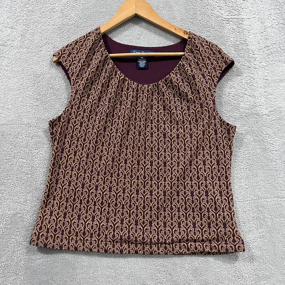 Evan-Picone Blouse Top Womens Petite PXL Purple Gold Damask Print Sleeveless